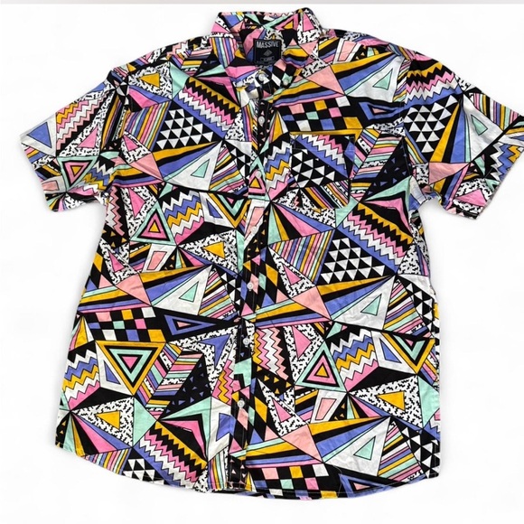 Massive Shirt Mens XL 80s Style Geometric Print Short Sleeve Button Up Casual - Picture 1 of 4